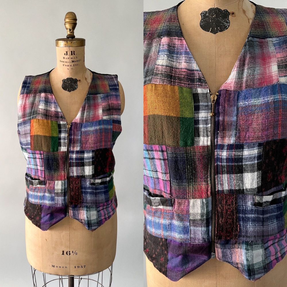 Vintage 1980s Plaid Flannel Multicolored Patchwork Zip Front Vest Waistcoat L